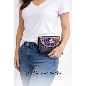 COCO + CARMEN Beaded Floral Clutch Black Faux Leather Envelope Bag